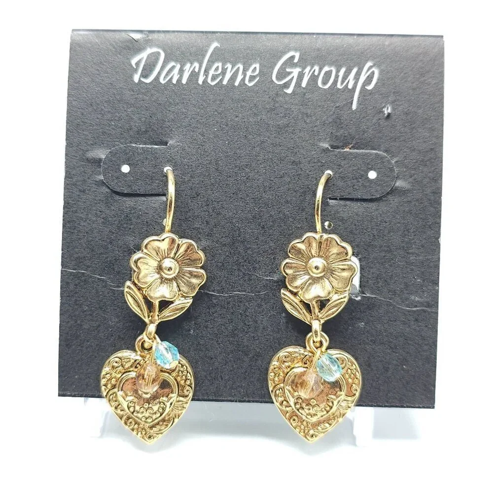 Gold Tone Heart Flower Blue Crystal Dangle Earrings By Darlene Group